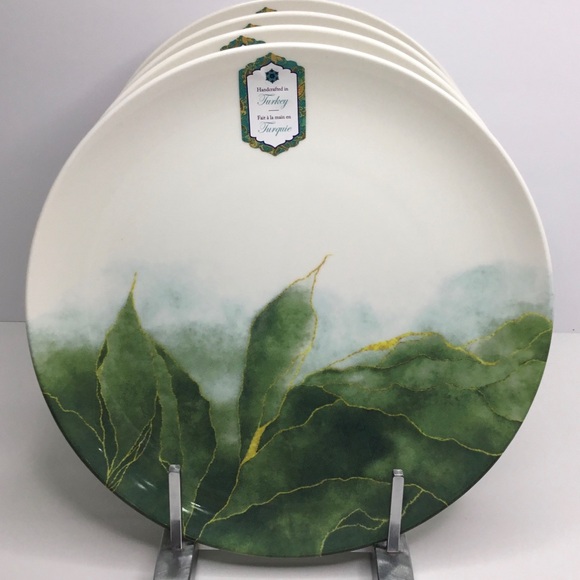 4 Dinner Plates Intesa Home Abstract Watercolor Green Gold 10.5” MADE IN TURKEY - Picture 1 of 6